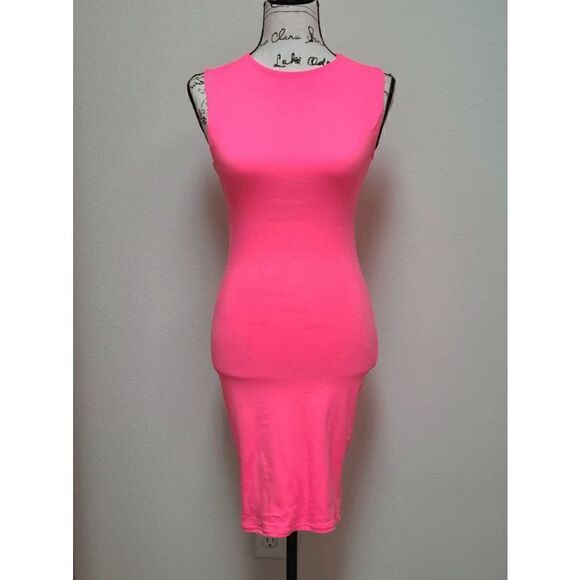 💗 HOT MIAMI STYLES Neon Pink Sleeveless Bodycon Perfect Fit Dress SIZE XS - Picture 5 of 9